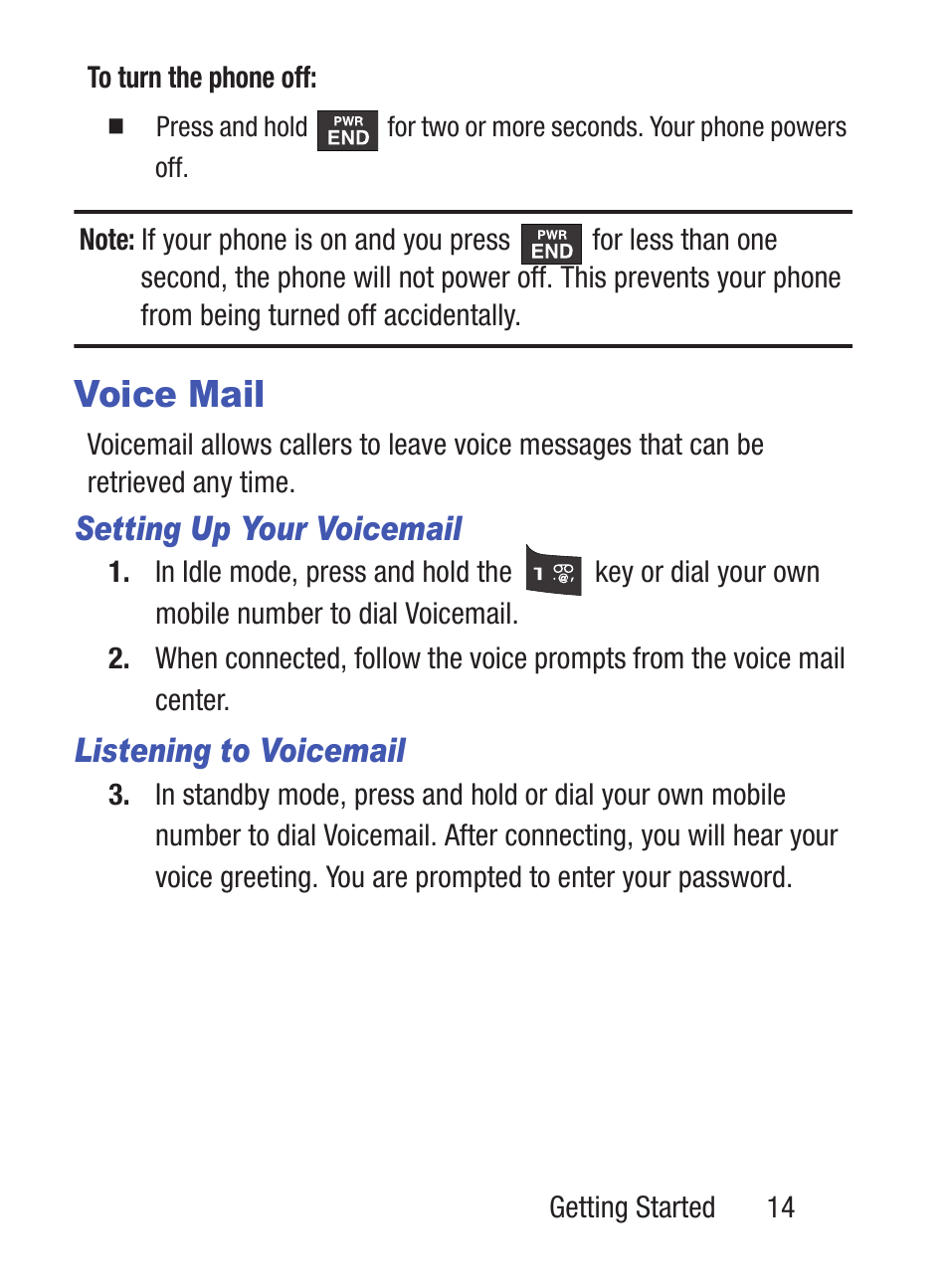 Voice mail, Setting up your voicemail, Listening to voicemail | Samsung SGH-S275DAATFN User Manual | Page 19 / 144