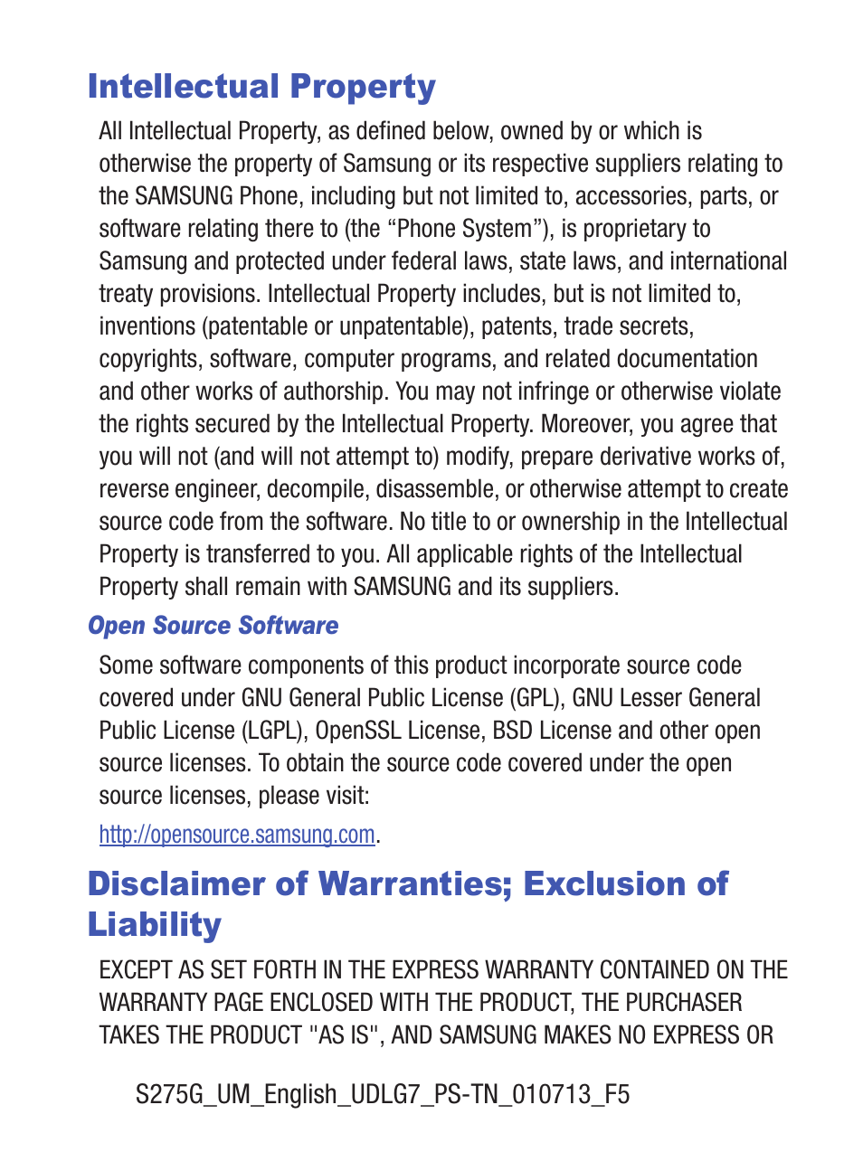 Intellectual property, Disclaimer of warranties; exclusion of liability | Samsung SGH-S275DAATFN User Manual | Page 2 / 144