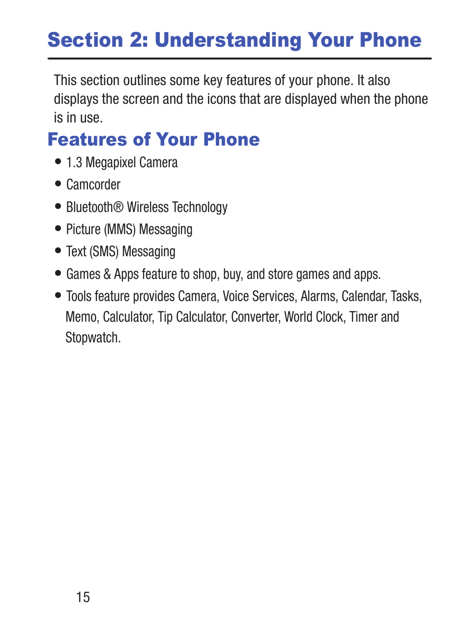 Section 2: understanding your phone, Features of your phone | Samsung SGH-S275DAATFN User Manual | Page 20 / 144