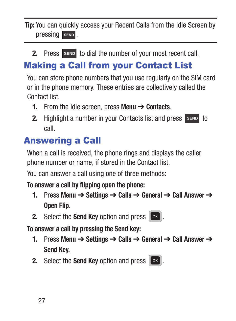 Making a call from your contact list, Answering a call | Samsung SGH-S275DAATFN User Manual | Page 32 / 144