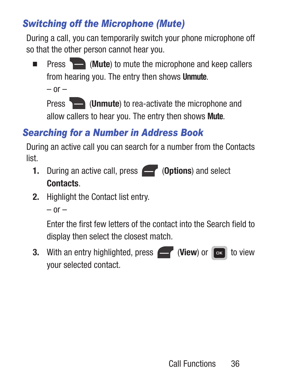 Switching off the microphone (mute), Searching for a number in address book | Samsung SGH-S275DAATFN User Manual | Page 41 / 144