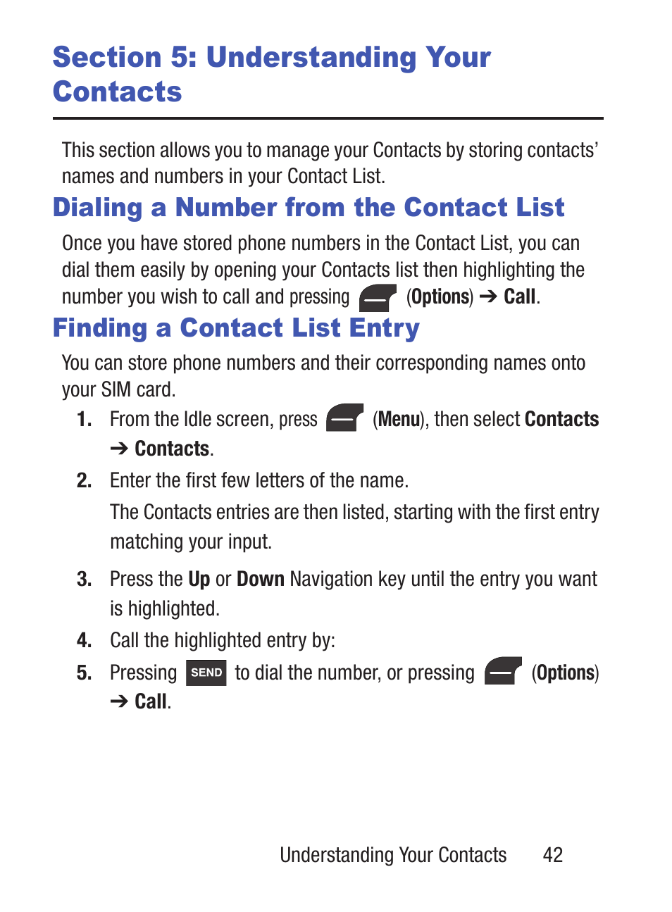 Section 5: understanding your contacts, Dialing a number from the contact list, Finding a contact list entry | Samsung SGH-S275DAATFN User Manual | Page 47 / 144