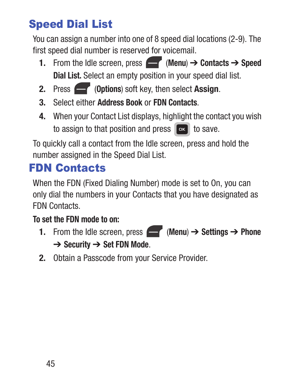 Speed dial list, Fdn contacts, Speed dial list fdn contacts | Samsung SGH-S275DAATFN User Manual | Page 50 / 144