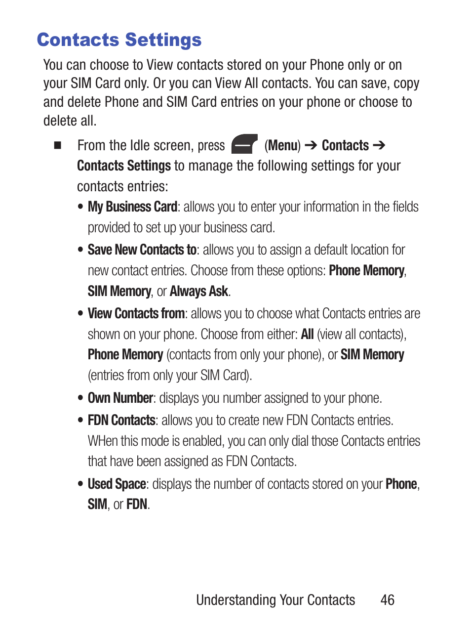 Contacts settings | Samsung SGH-S275DAATFN User Manual | Page 51 / 144