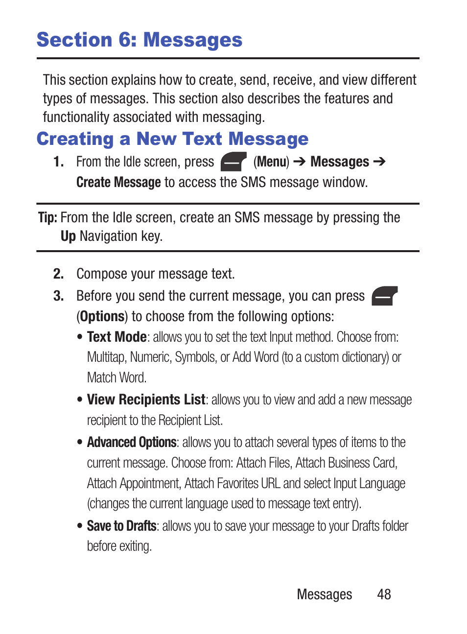 Section 6: messages, Creating a new text message | Samsung SGH-S275DAATFN User Manual | Page 53 / 144