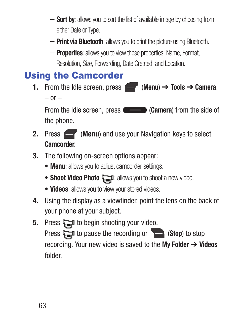 Using the camcorder | Samsung SGH-S275DAATFN User Manual | Page 68 / 144