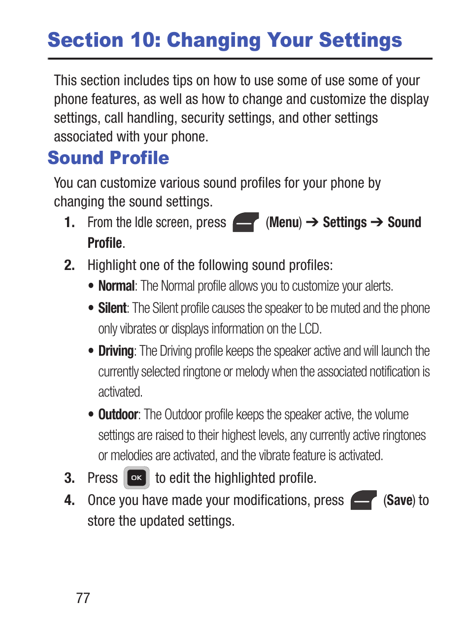 Section 10: changing your settings, Sound profile | Samsung SGH-S275DAATFN User Manual | Page 82 / 144