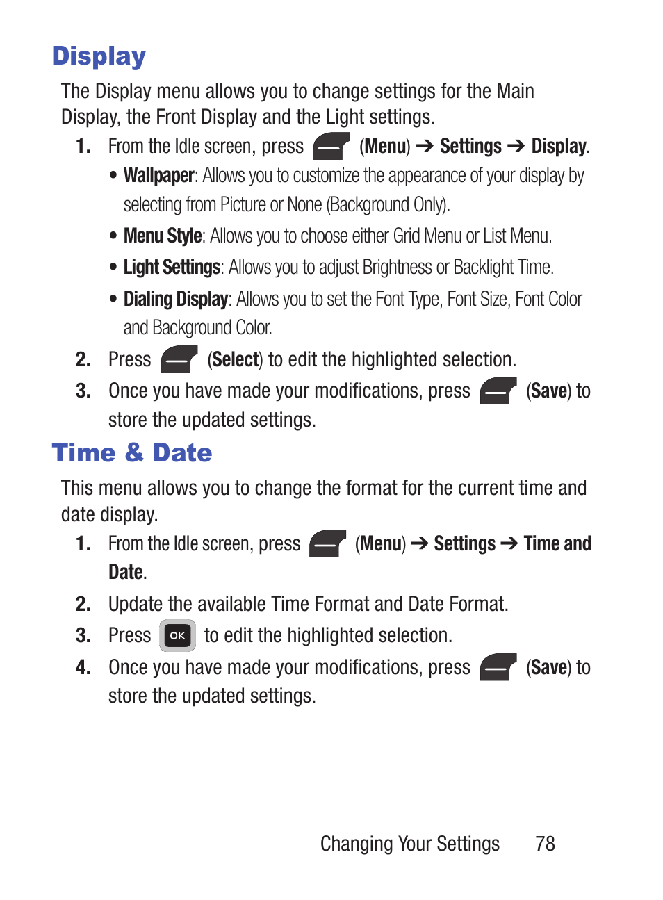 Display, Time & date, Display time & date | Samsung SGH-S275DAATFN User Manual | Page 83 / 144