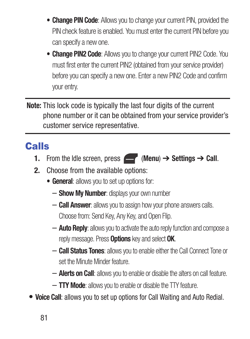 Calls | Samsung SGH-S275DAATFN User Manual | Page 86 / 144