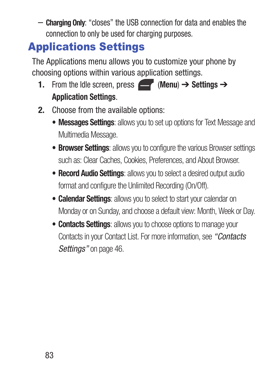 Applications settings | Samsung SGH-S275DAATFN User Manual | Page 88 / 144