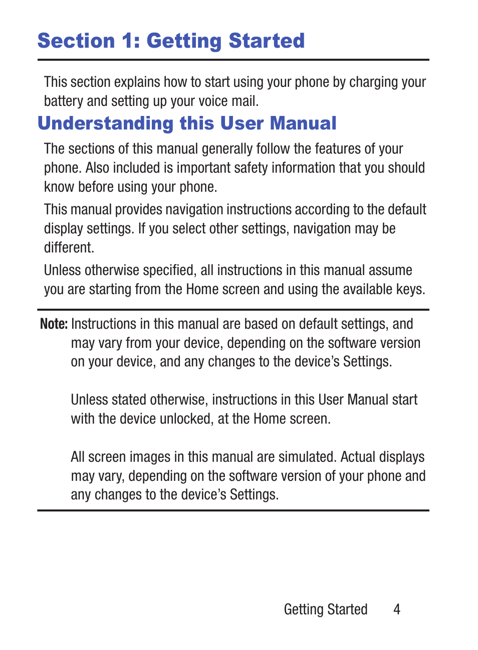 Section 1: getting started, Understanding this user manual | Samsung SGH-S275DAATFN User Manual | Page 9 / 144