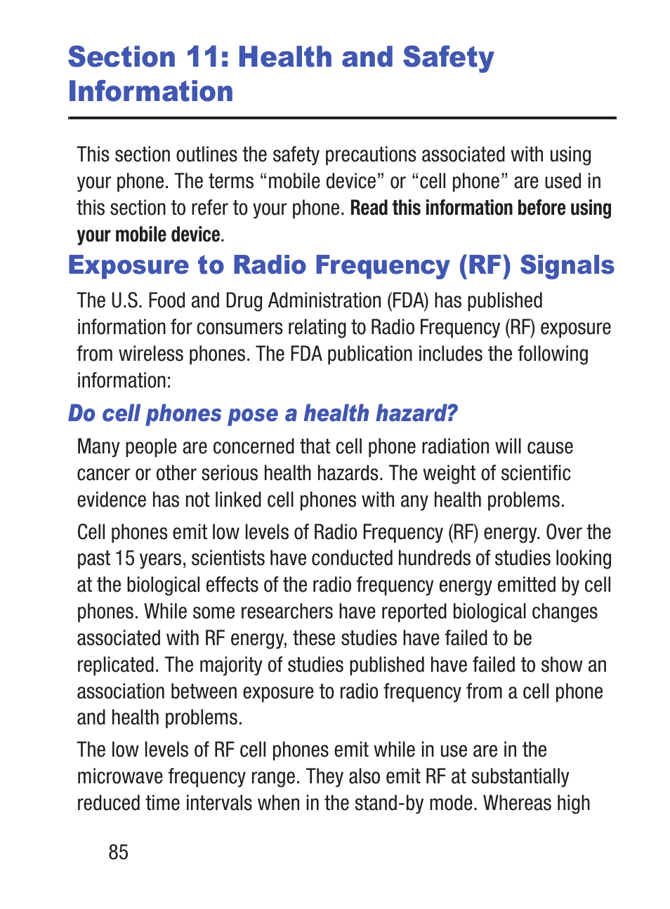 Section 11: health and safety information, Exposure to radio frequency (rf) signals | Samsung SGH-S275DAATFN User Manual | Page 90 / 144