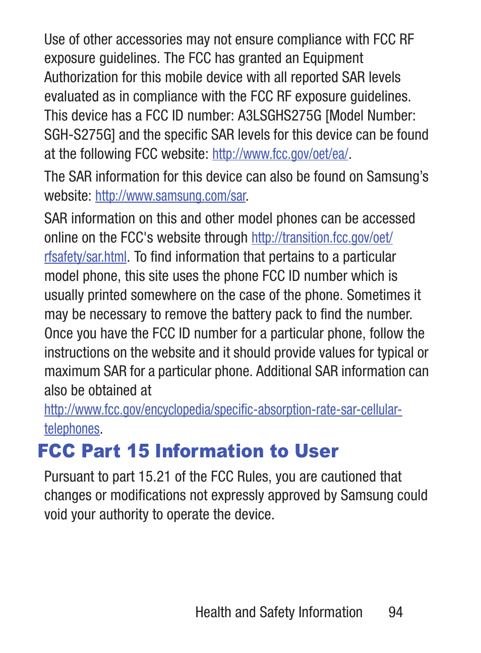 Fcc part 15 information to user | Samsung SGH-S275DAATFN User Manual | Page 99 / 144