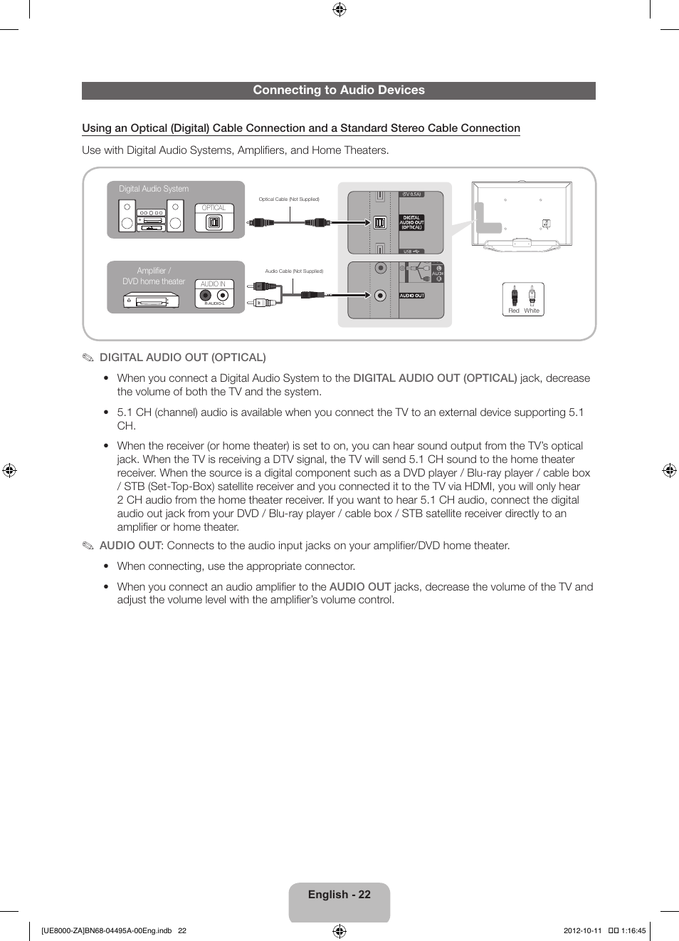 Connecting to audio devices | Samsung UN55ES8000FXZA User Manual | Page 22 / 63