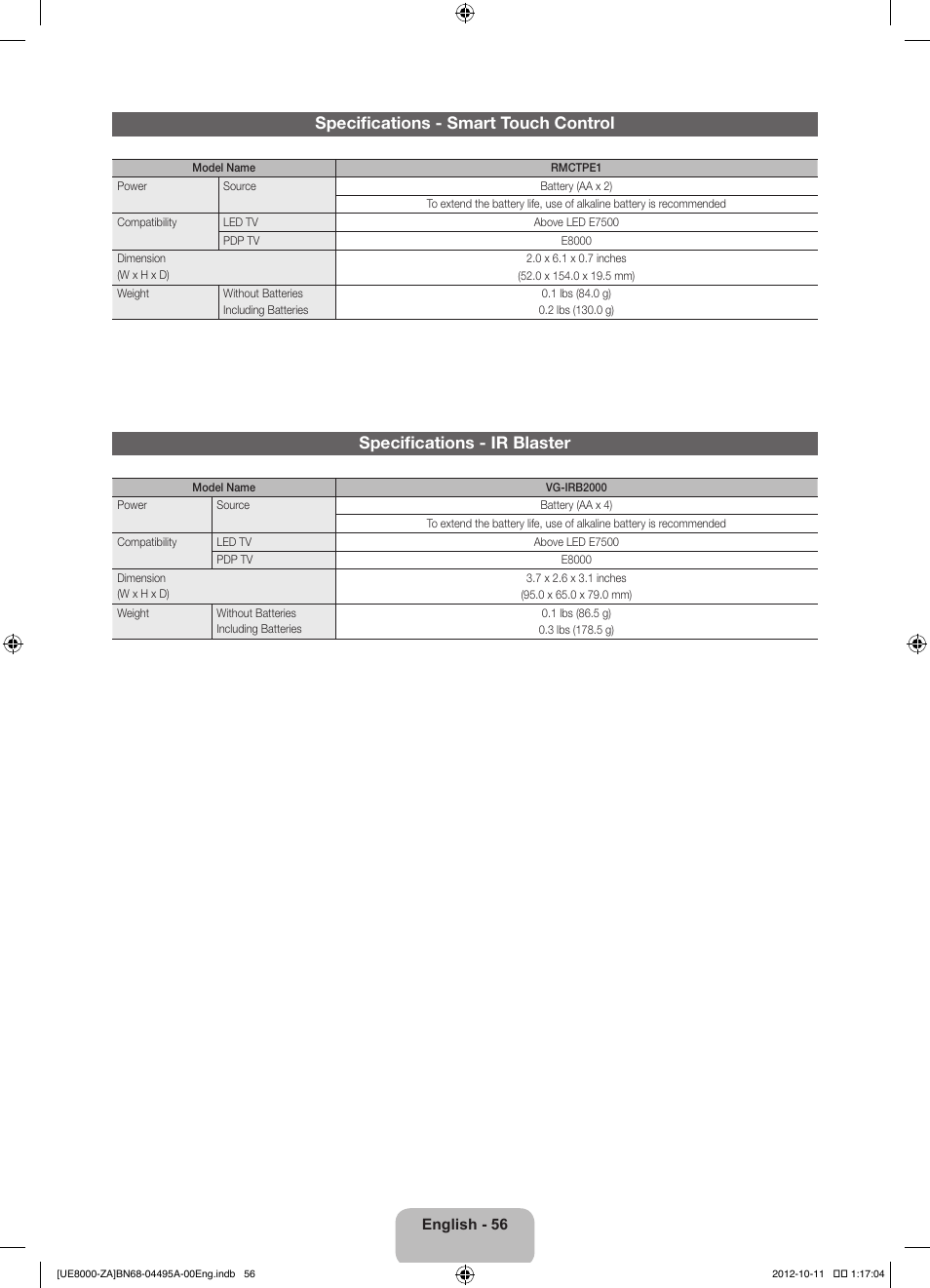 Specifications - smart touch control, Specifications - ir blaster | Samsung UN55ES8000FXZA User Manual | Page 56 / 63