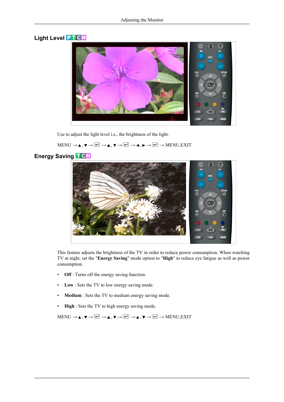 Light level, Energy saving | Samsung LS20TDNSUV-ZA User Manual | Page 63 / 88