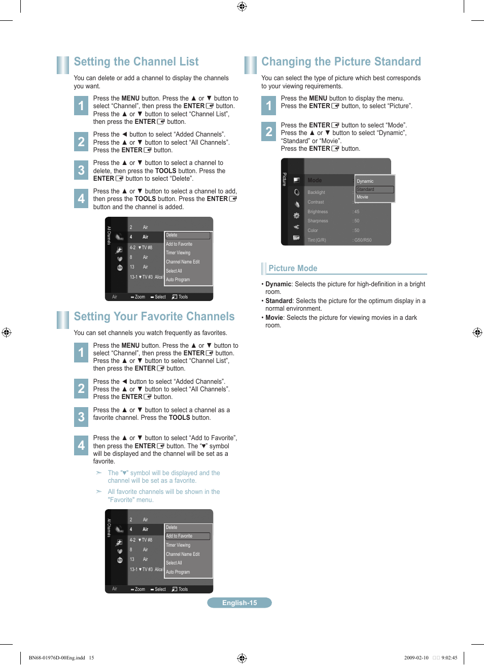 Setting the channel list, Changing the picture standard, Setting your favorite channels | Samsung LN32B360C5DXZX User Manual | Page 15 / 20