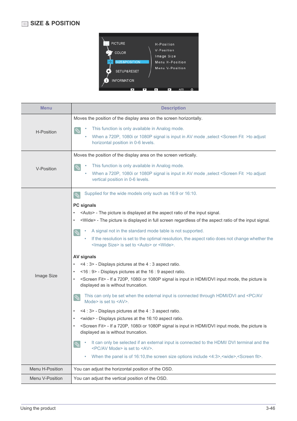 Size & position | Samsung LS23X3HKFY-ZA User Manual | Page 100 / 200
