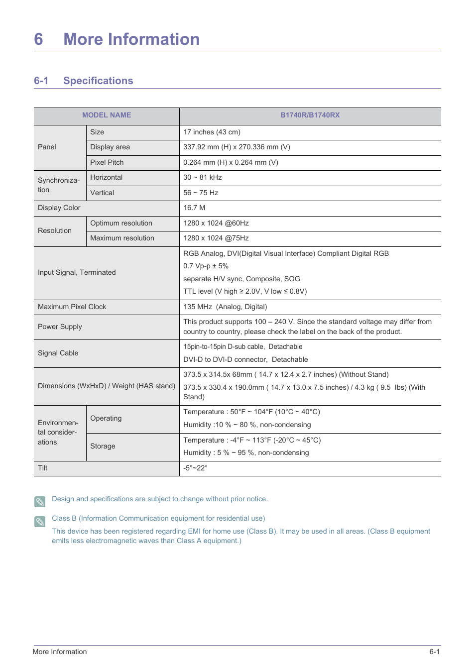 6 more information, 1 specifications, More information | Specifications -1, 6more information | Samsung LS23X3HKFY-ZA User Manual | Page 113 / 200