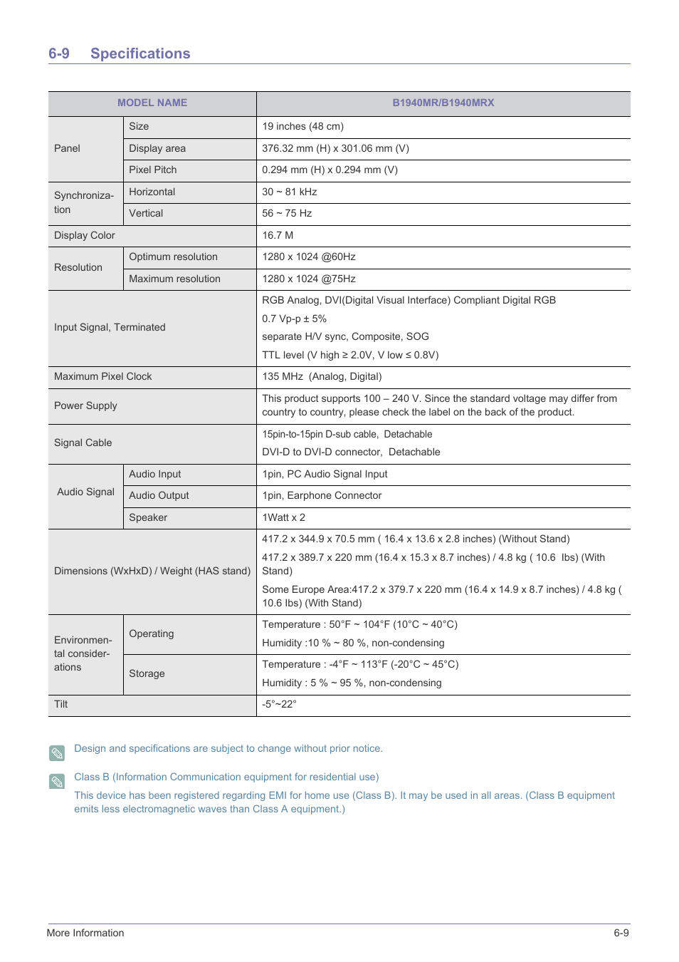 9 specifications, Specifications -9 | Samsung LS23X3HKFY-ZA User Manual | Page 121 / 200