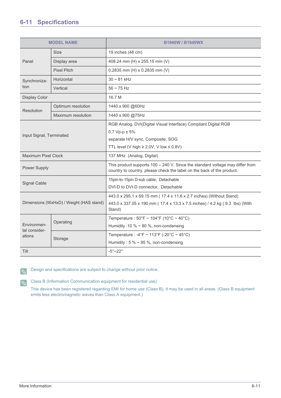 11 specifications, Specifications -11 | Samsung LS23X3HKFY-ZA User Manual | Page 123 / 200