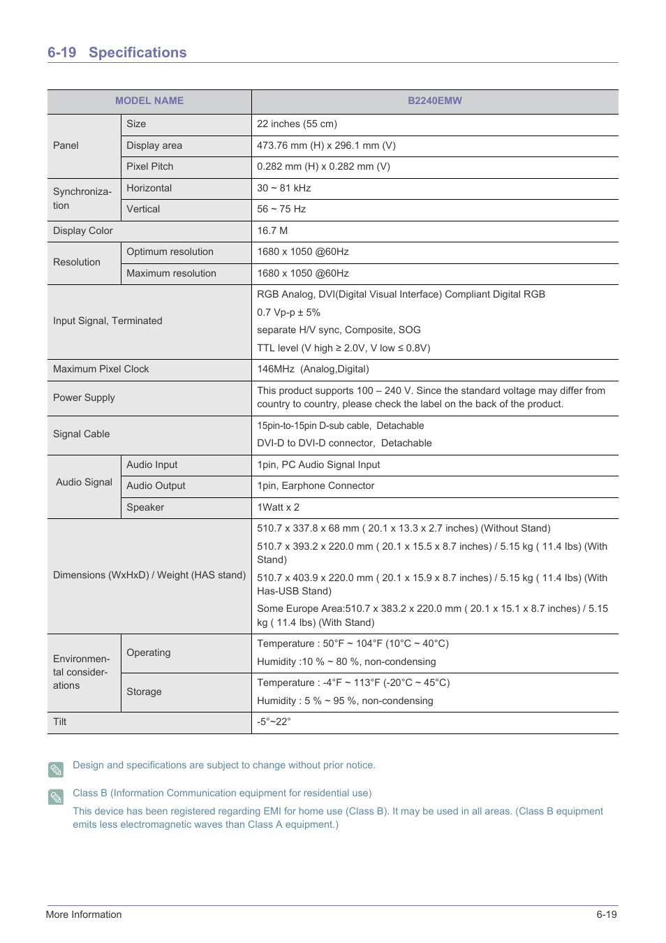 19 specifications, Specifications -19 | Samsung LS23X3HKFY-ZA User Manual | Page 131 / 200