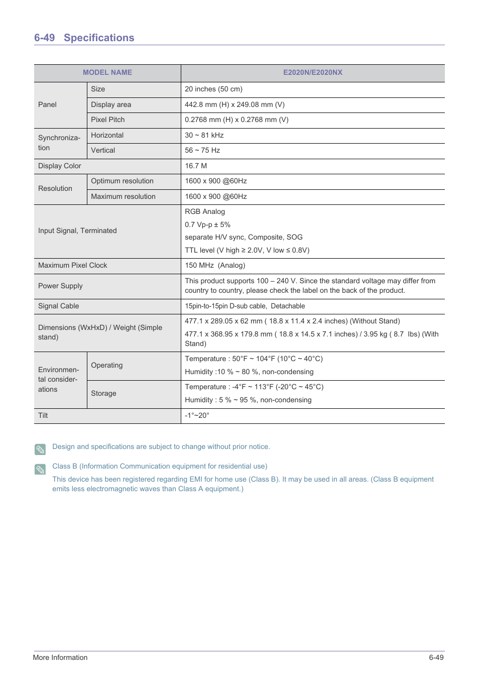 49 specifications, Specifications -49 | Samsung LS23X3HKFY-ZA User Manual | Page 161 / 200