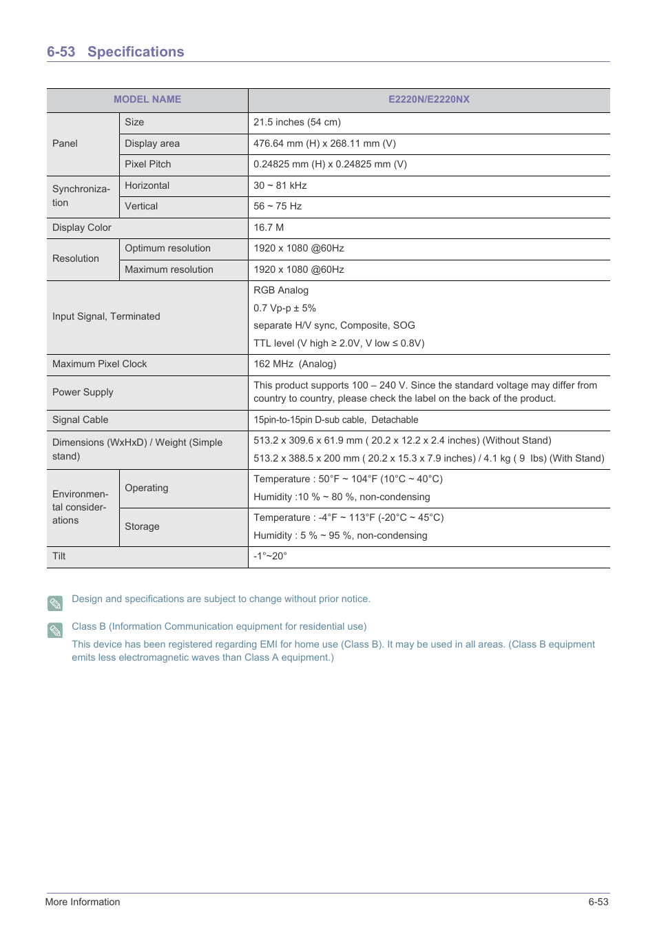 53 specifications, Specifications -53 | Samsung LS23X3HKFY-ZA User Manual | Page 165 / 200