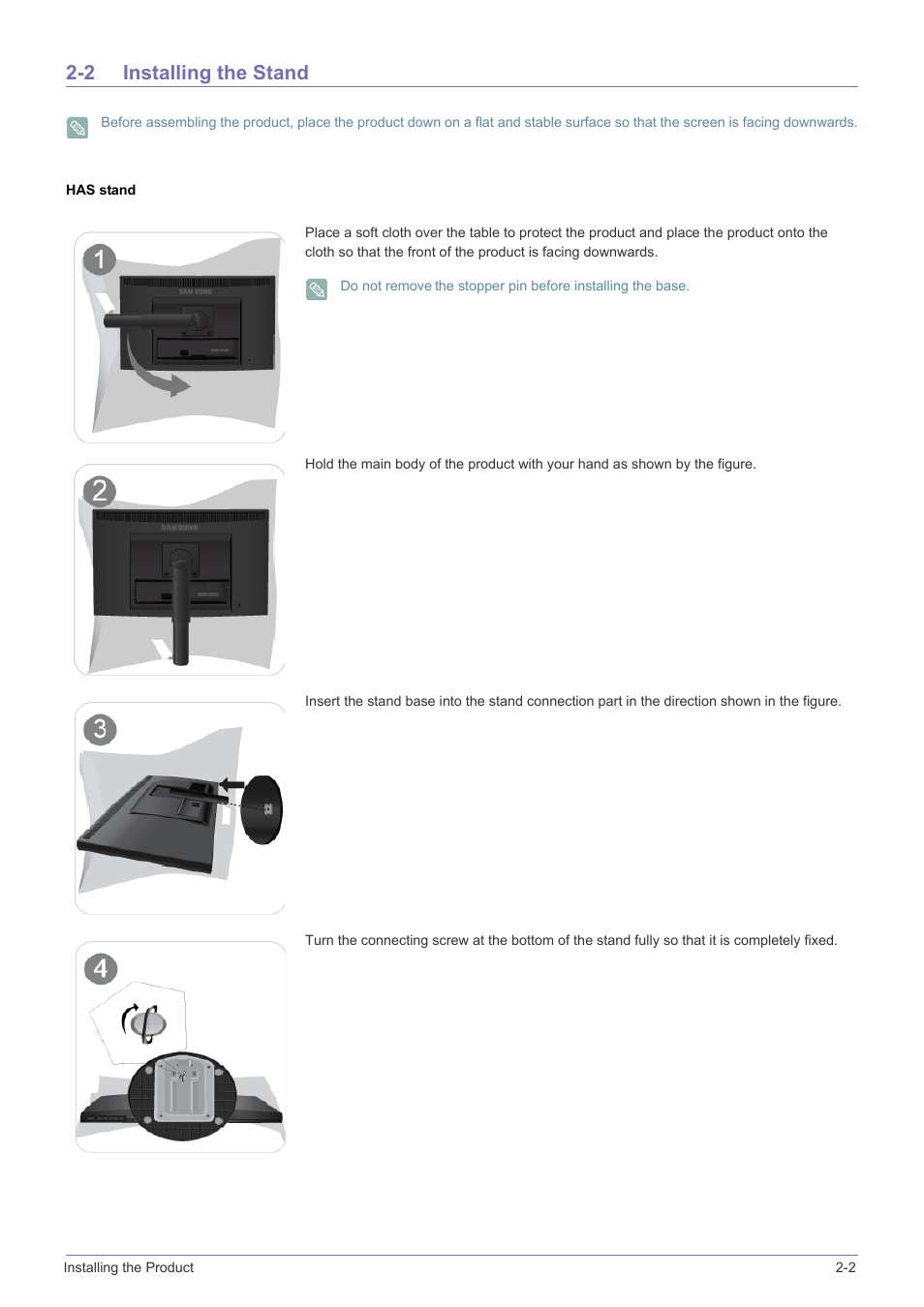 2 installing the stand, Has stand, Installing the stand -2 | Samsung LS23X3HKFY-ZA User Manual | Page 17 / 200