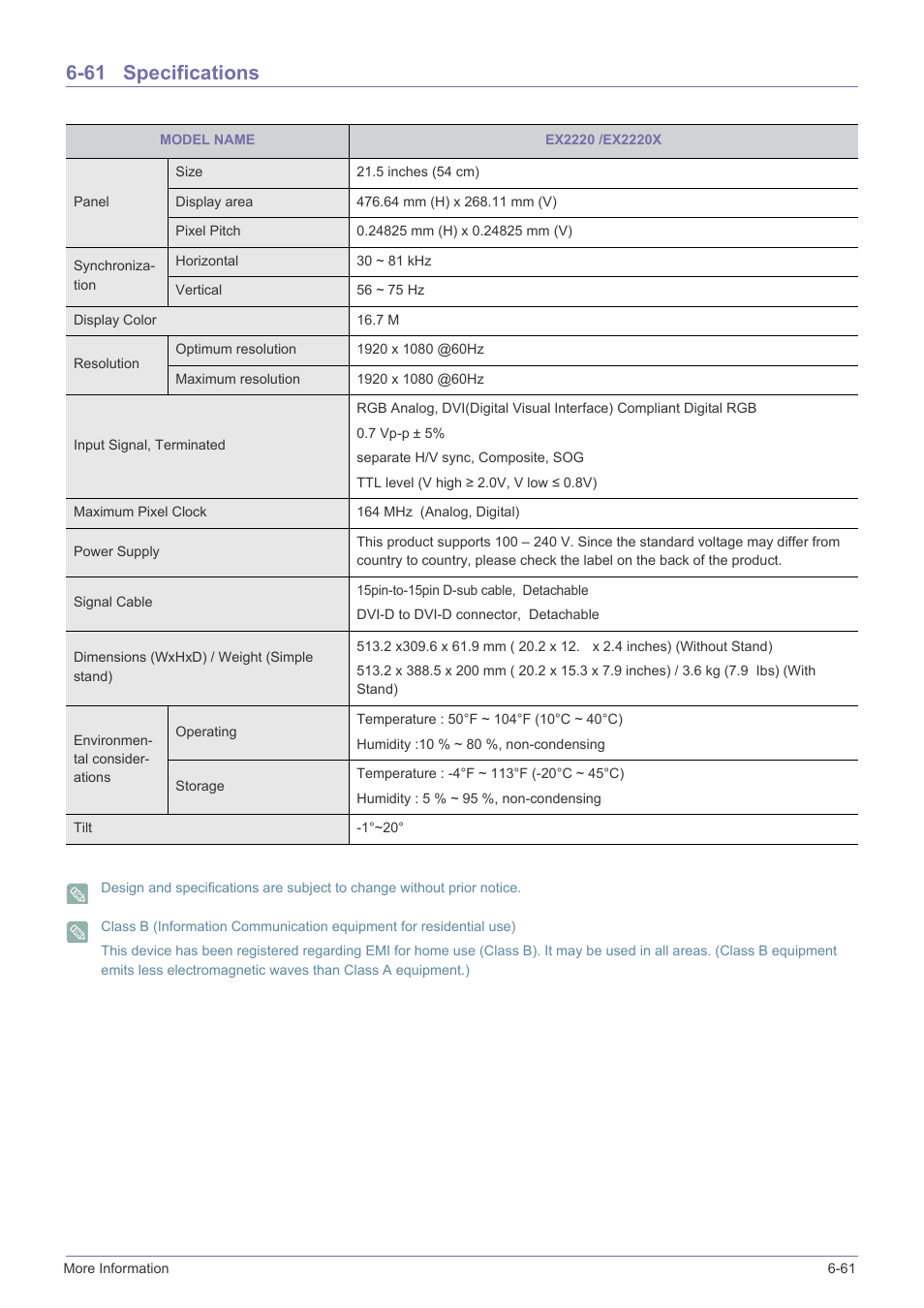 61 specifications, Specifications -61 | Samsung LS23X3HKFY-ZA User Manual | Page 173 / 200