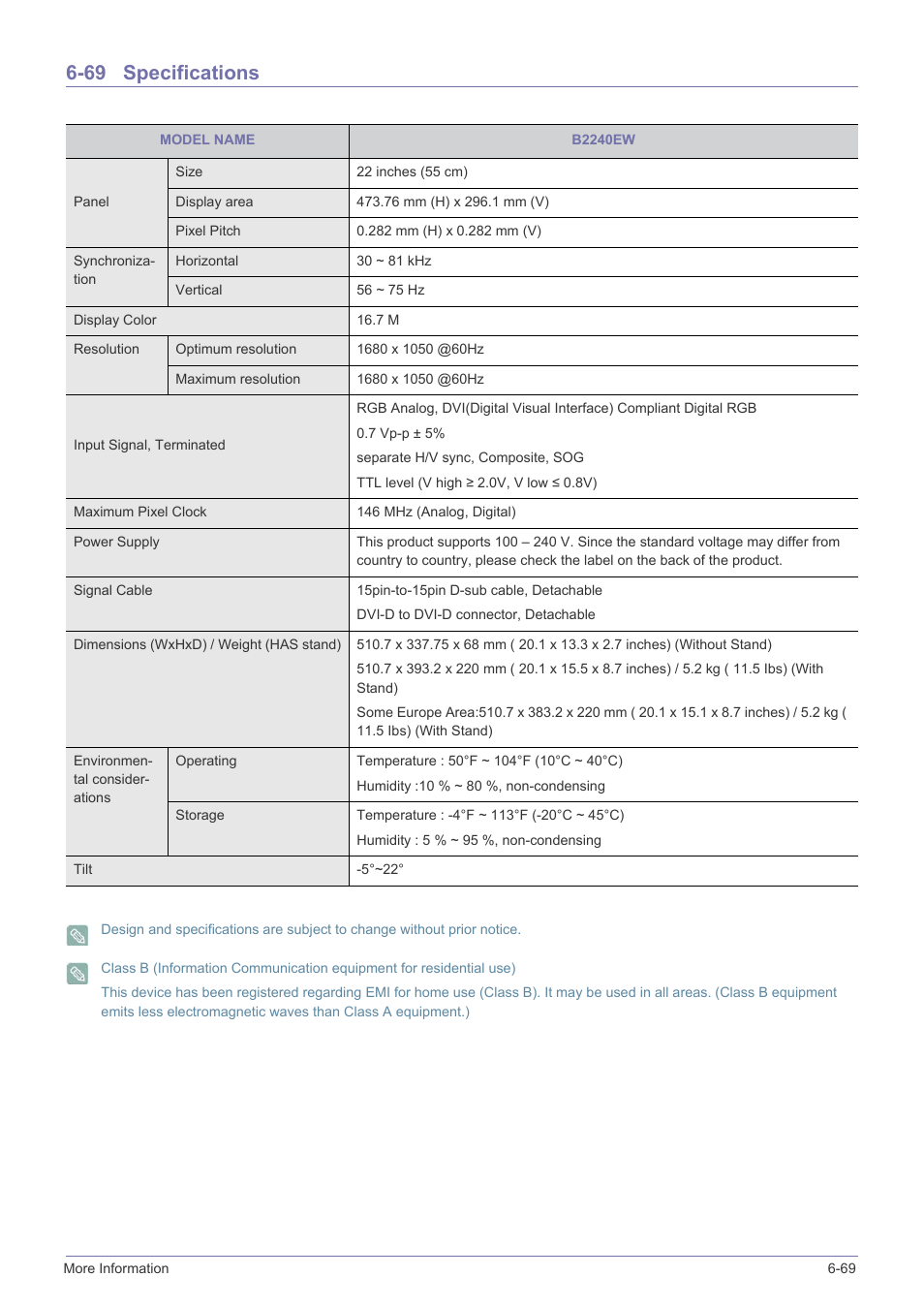 69 specifications, Specifications -69 | Samsung LS23X3HKFY-ZA User Manual | Page 181 / 200