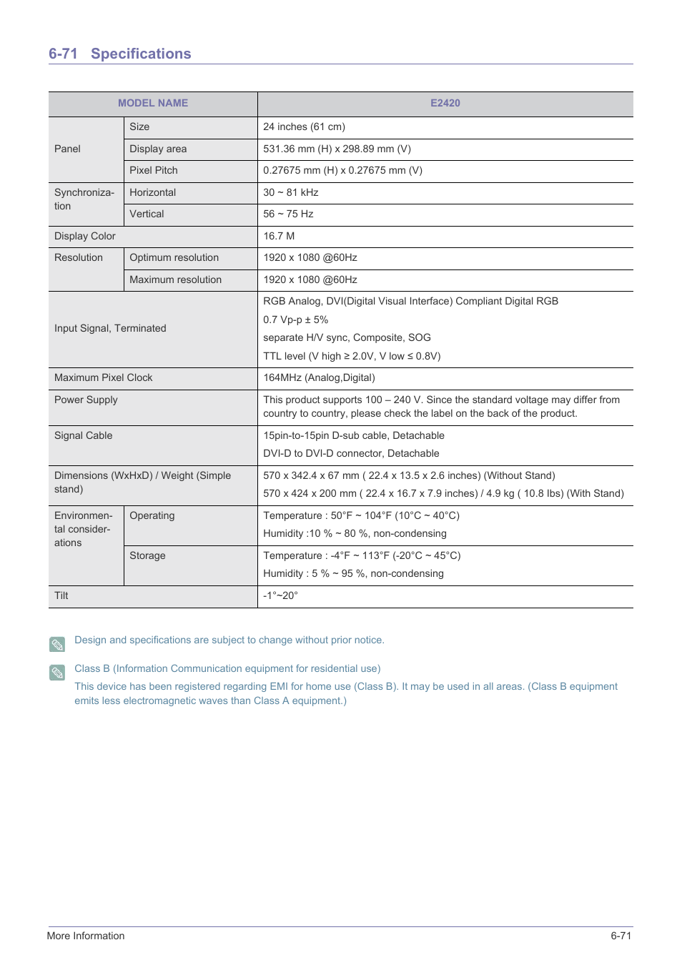 71 specifications, Specifications -71 | Samsung LS23X3HKFY-ZA User Manual | Page 183 / 200