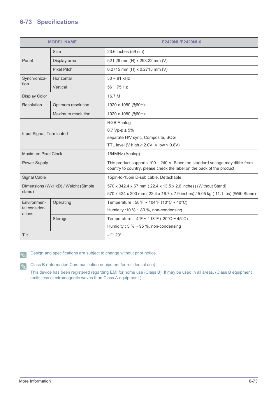 73 specifications, Specifications -73 | Samsung LS23X3HKFY-ZA User Manual | Page 185 / 200