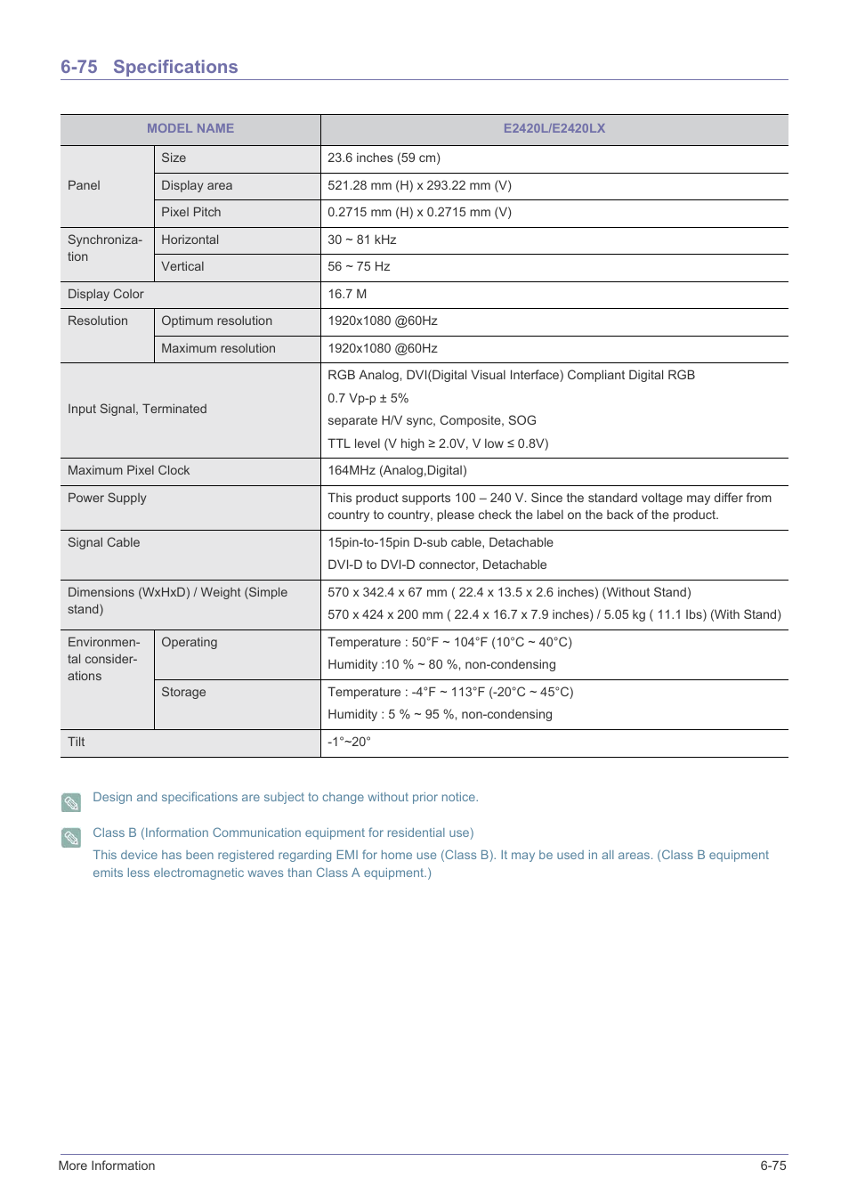 75 specifications, Specifications -75 | Samsung LS23X3HKFY-ZA User Manual | Page 187 / 200