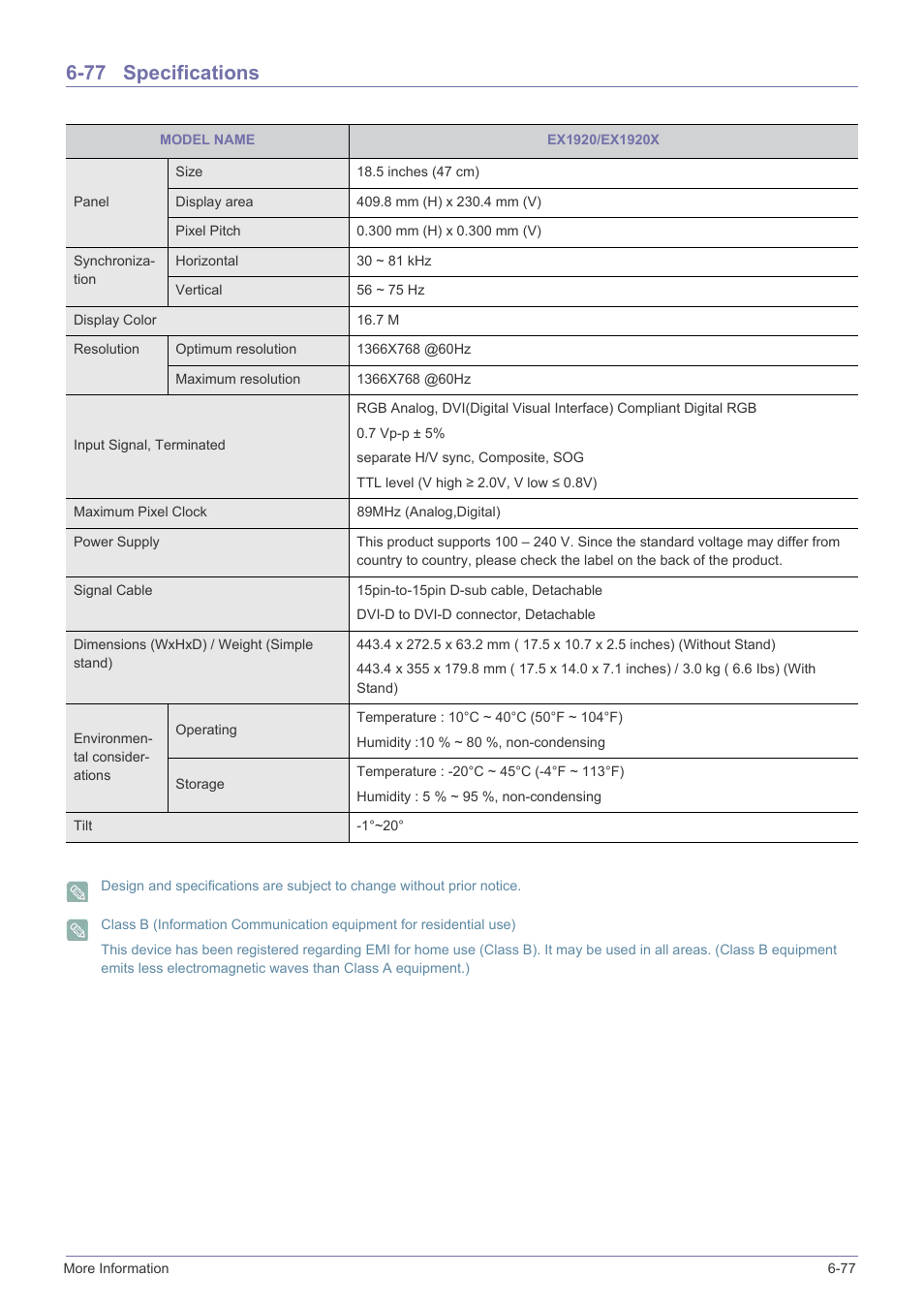 77 specifications, Specifications -77 | Samsung LS23X3HKFY-ZA User Manual | Page 189 / 200