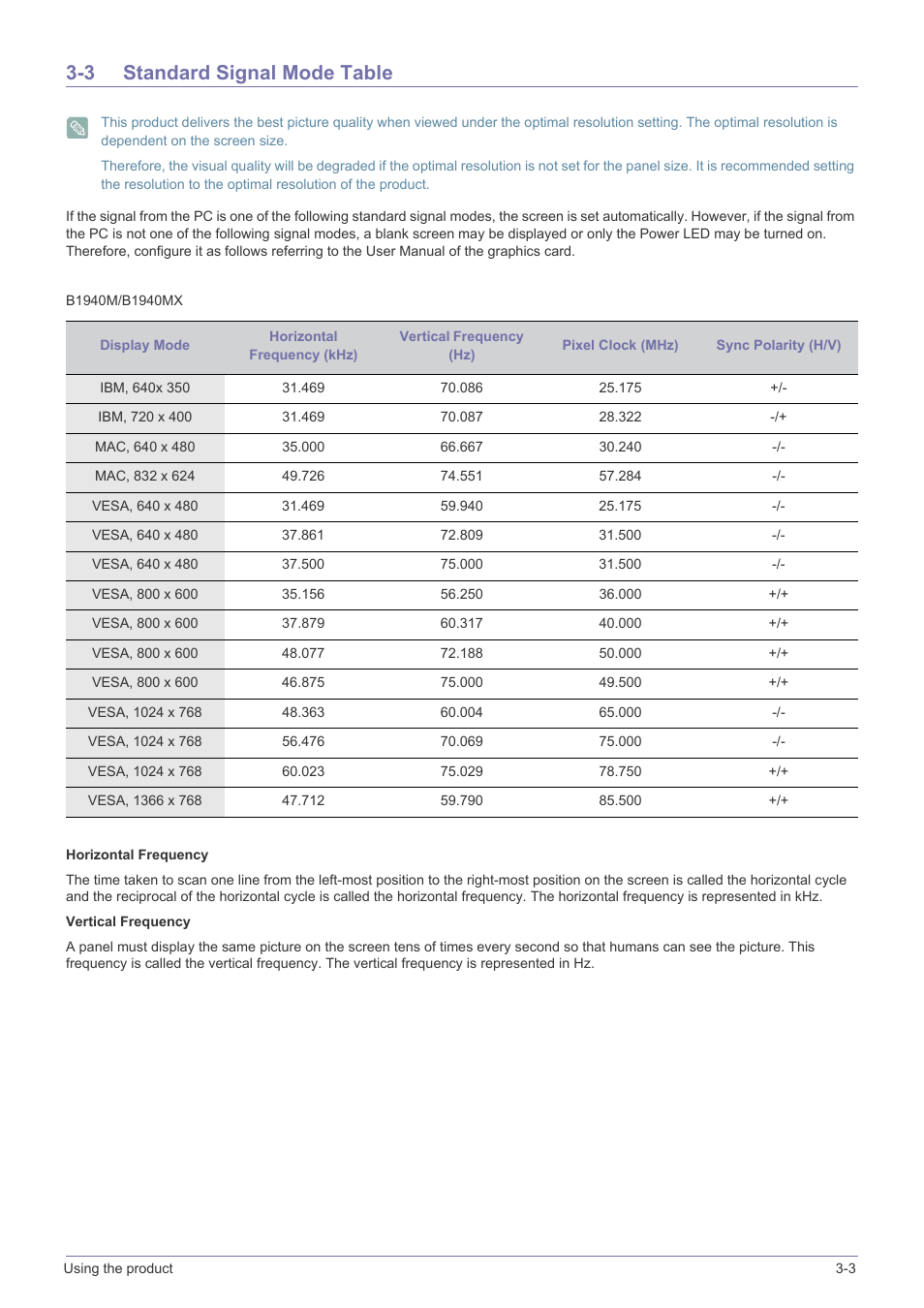 3 standard signal mode table, Standard signal mode table -3 | Samsung LS23X3HKFY-ZA User Manual | Page 33 / 200