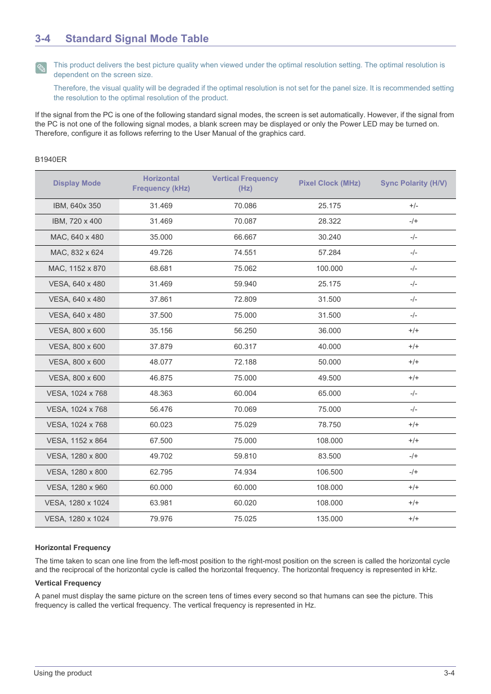 4 standard signal mode table, Standard signal mode table -4 | Samsung LS23X3HKFY-ZA User Manual | Page 34 / 200