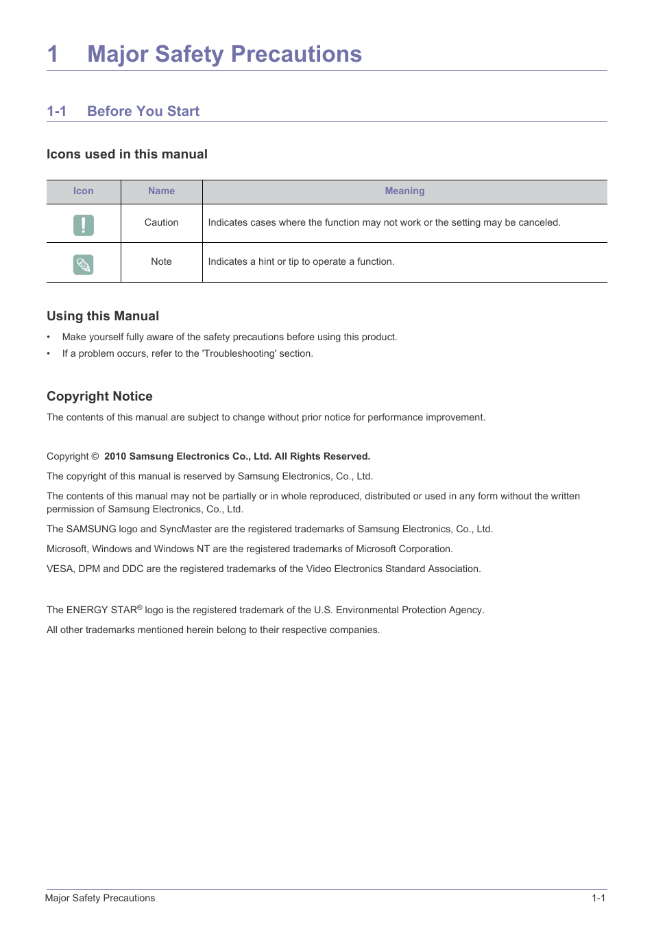 1 major safety precautions, 1 before you start, Icons used in this manual | Using this manual, Copyright notice, Before you start -1, 1major safety precautions | Samsung LS23X3HKFY-ZA User Manual | Page 6 / 200