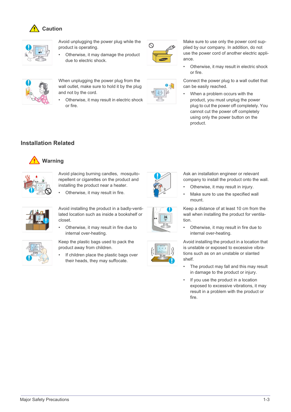 Caution, Installation related, Warning | Samsung LS23X3HKFY-ZA User Manual | Page 9 / 200