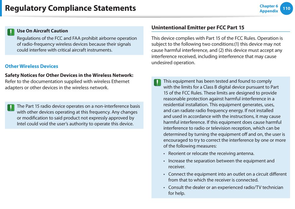 Regulatory compliance statements | Samsung NP300E4A-B01JM User Manual | Page 111 / 133