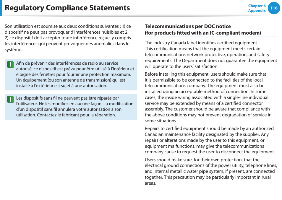 Regulatory compliance statements | Samsung NP300E4A-B01JM User Manual | Page 117 / 133