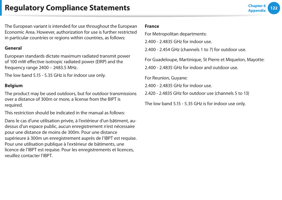 Regulatory compliance statements | Samsung NP300E4A-B01JM User Manual | Page 123 / 133