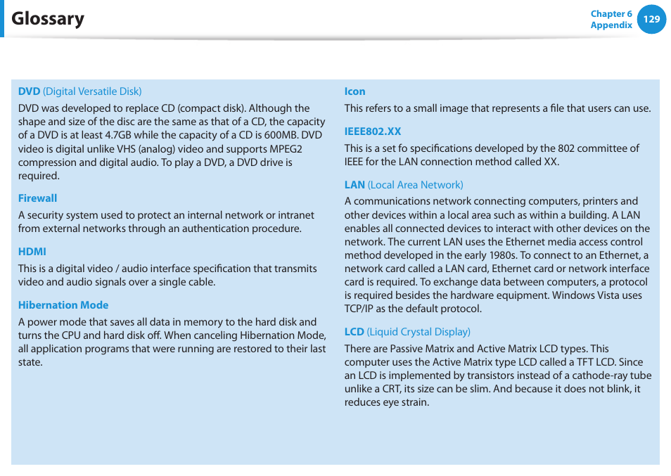 Glossary | Samsung NP300E4A-B01JM User Manual | Page 130 / 133