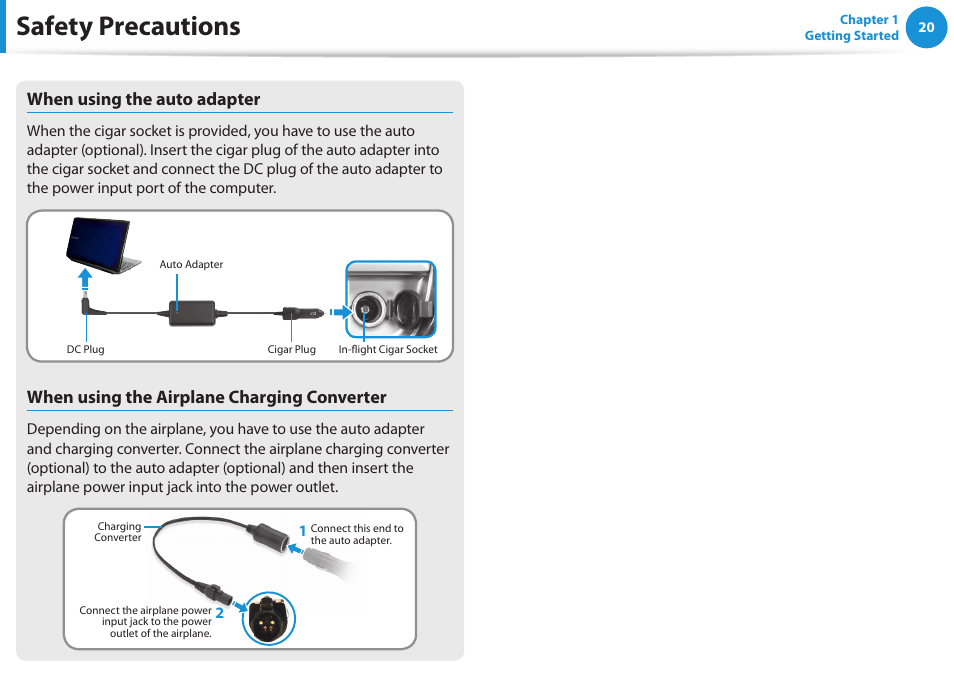 Safety precautions, When using the auto adapter, When using the airplane charging converter | Samsung NP300E4A-B01JM User Manual | Page 21 / 133
