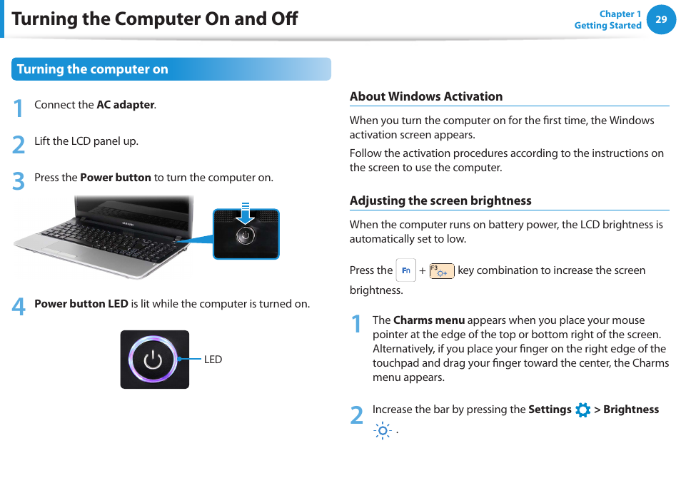 Turning the computer on and off | Samsung NP300E4A-B01JM User Manual | Page 30 / 133