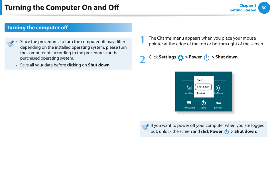 Turning the computer on and off, Turning the computer off | Samsung NP300E4A-B01JM User Manual | Page 31 / 133