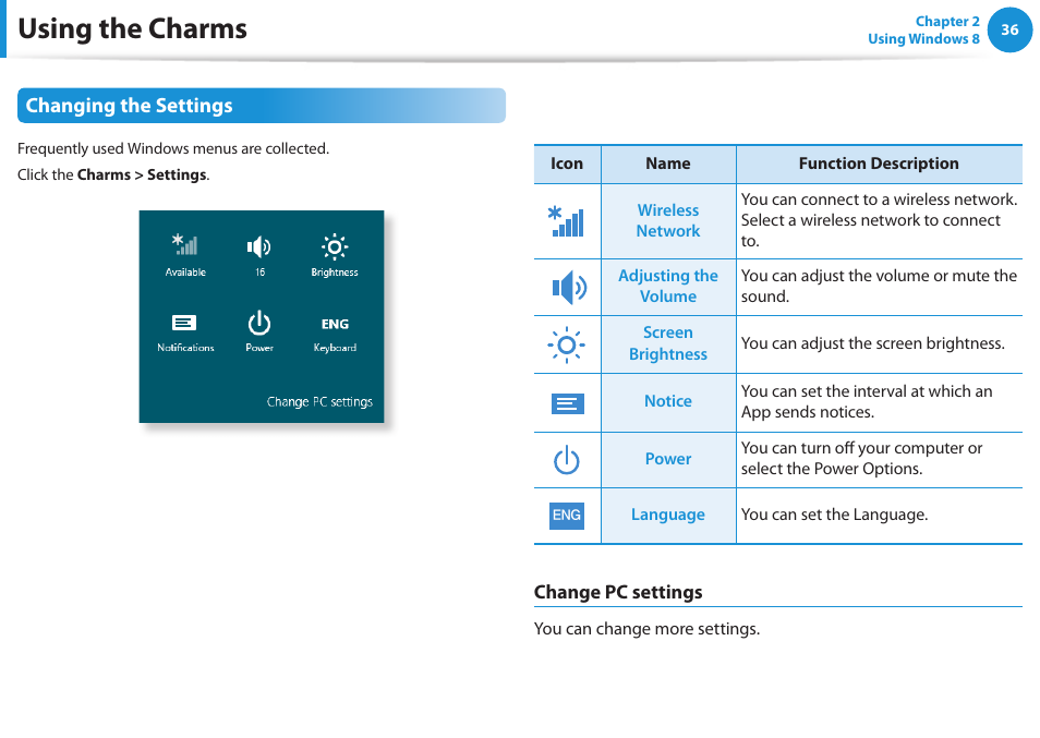 Using the charms, Changing the settings | Samsung NP300E4A-B01JM User Manual | Page 37 / 133