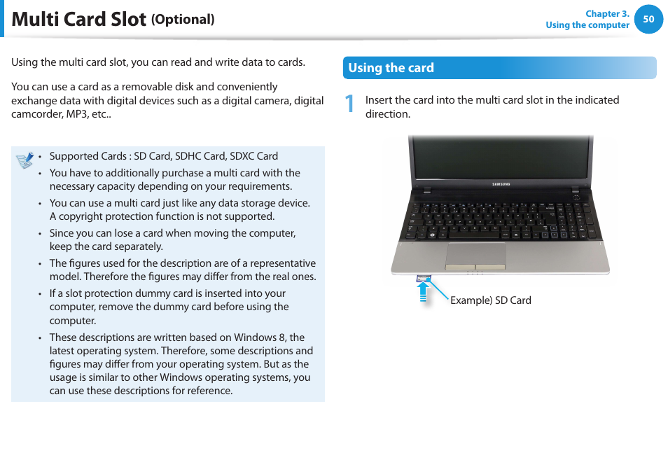 Multi card slot (optional), Multi card slot, Optional) | Samsung NP300E4A-B01JM User Manual | Page 51 / 133