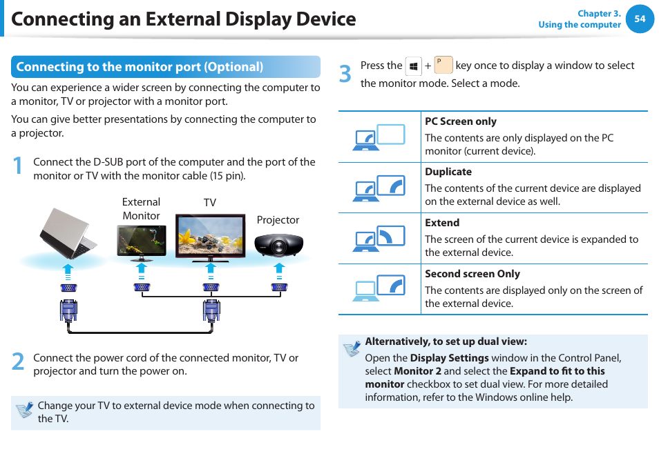 Connecting an external display device | Samsung NP300E4A-B01JM User Manual | Page 55 / 133