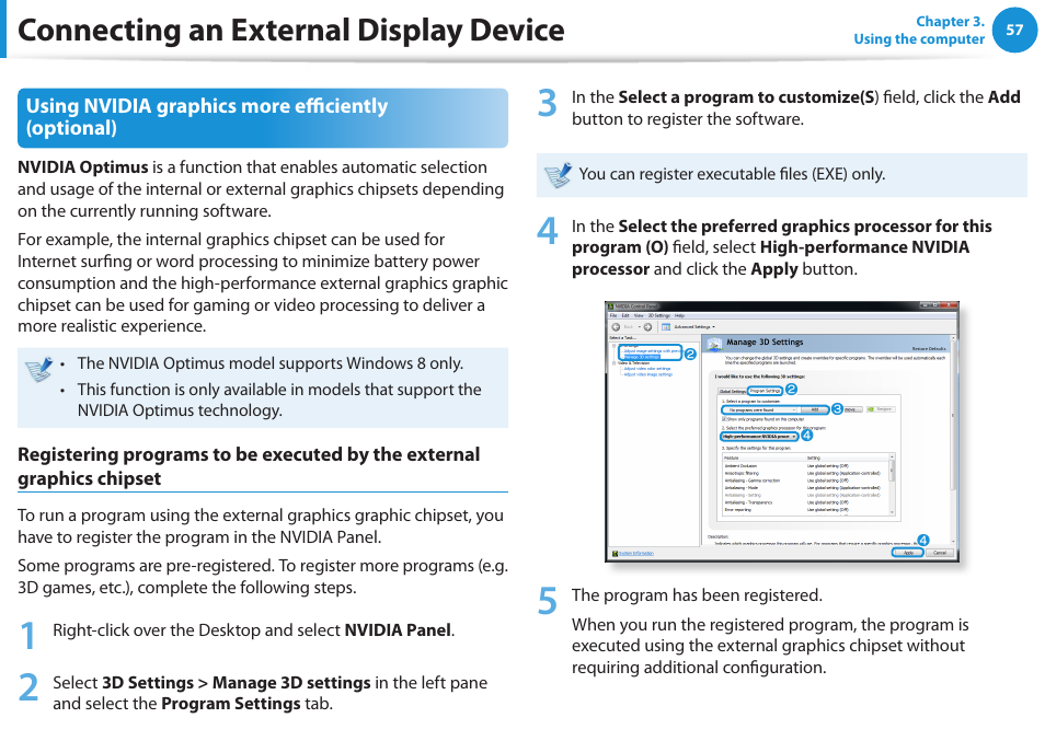 Connecting an external display device | Samsung NP300E4A-B01JM User Manual | Page 58 / 133